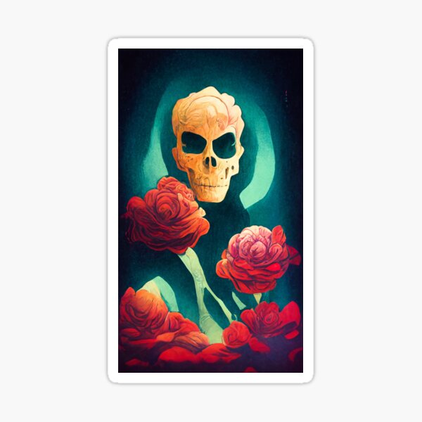 Terrible skulls among the red roses. Halloween decorations of bones and flowers. Sticker