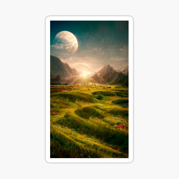 Fabulous abstract colorful alien landscape. Hills during alien sunrise. Sticker