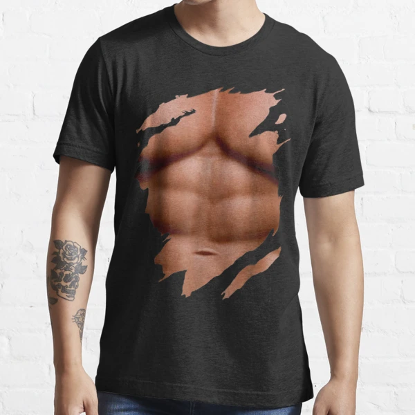 Men's 3D T-Shirt Bodybuilding Simulated Muscle Shirt Nude Skin Chest Muscle  Tee Shirt Short-Sleeve 2XL 