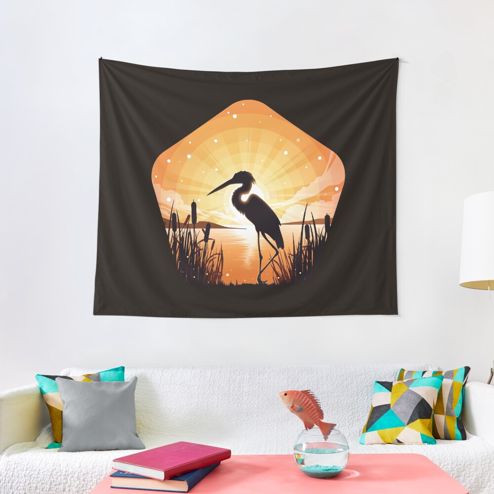 The heron stands on the shore of the lake Tapestry