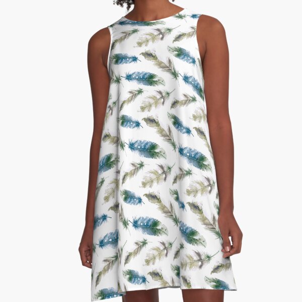 Bohemian Style Watercolor Feather Pattern A-Line Dress