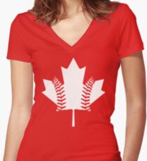 Maple Leaf Baseball (White) Women's Fitted V-Neck T-Shirt