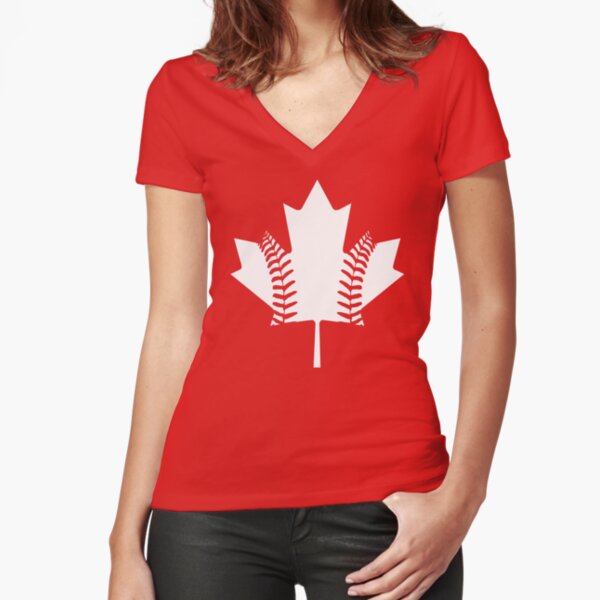 Maple Leaf Baseball (White) Fitted V-Neck T-Shirt