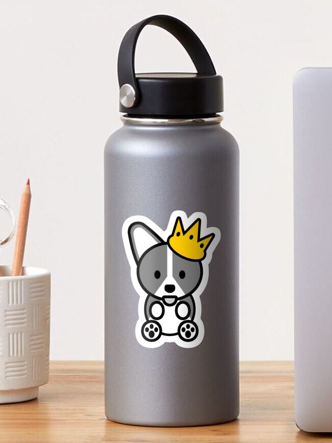 Thumbnail 1 of 3, Sticker, Ello Corgi | Grey Gray Welsh Corgi Crown Dog Puppy Woof Pup | Jay Rauler designed and sold by jayrauler.