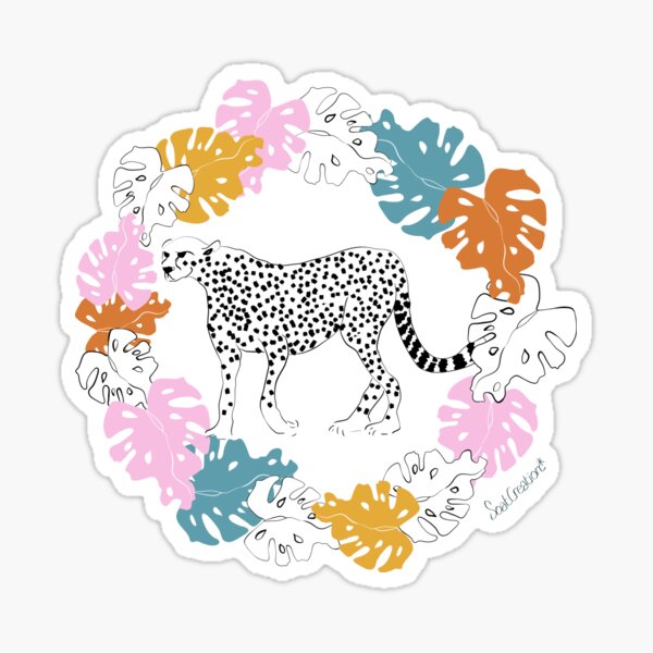 Animal de la jungle léopard feuilles monstera noir turquoise rose Sticker