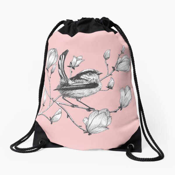 long tailed tit on magnolia tree Drawstring Bag