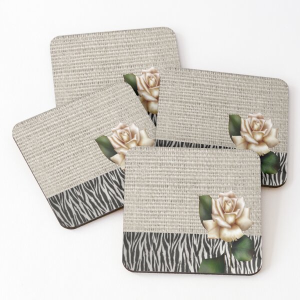 Item preview, 1980s Chic Zebra print rustic burlap botanical floral white rose  designed and sold by LEILA ART SPACE.