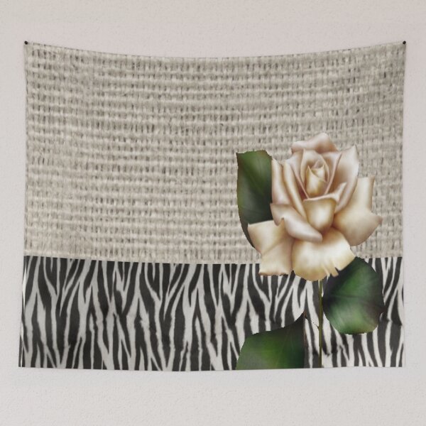 Item preview, 1980s Chic Zebra print rustic burlap botanical floral white rose  designed and sold by LEILA ART SPACE.