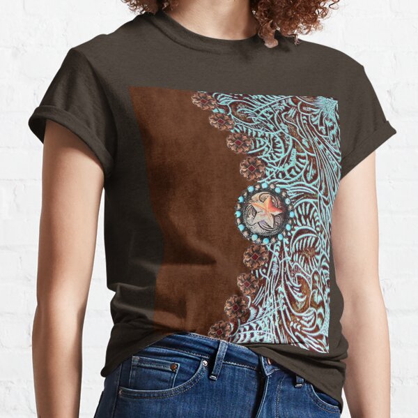 Primitive cowboy cowgirl western country brown turquoise leather Classic T-Shirt