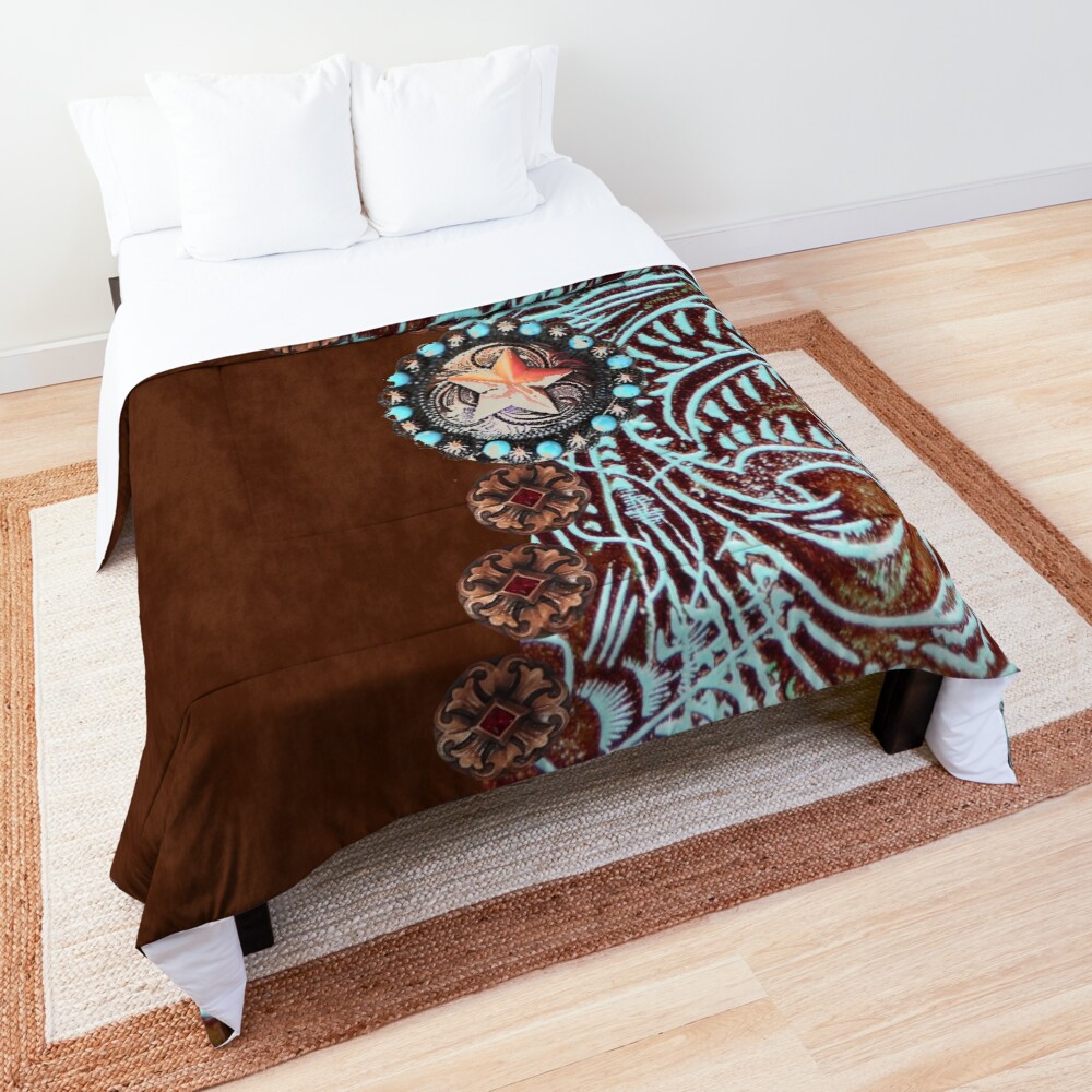 Primitive cowboy cowgirl western country brown turquoise Comforter