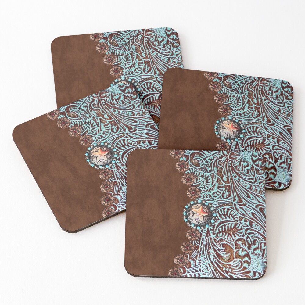 Primitive cowboy cowgirl western country brown turquoise Coasters (Set of 4)