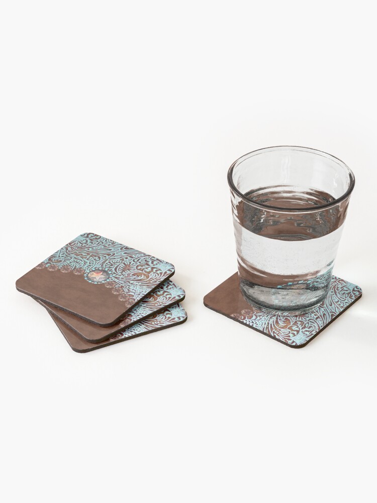 Alternate view of Primitive cowboy cowgirl western country brown turquoise Coasters (Set of 4)