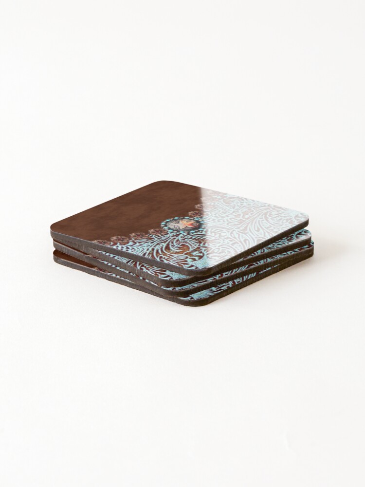 Alternate view of Primitive cowboy cowgirl western country brown turquoise Coasters (Set of 4)