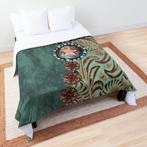 Rustic cowboy cowgirl western country green teal leather Comforter