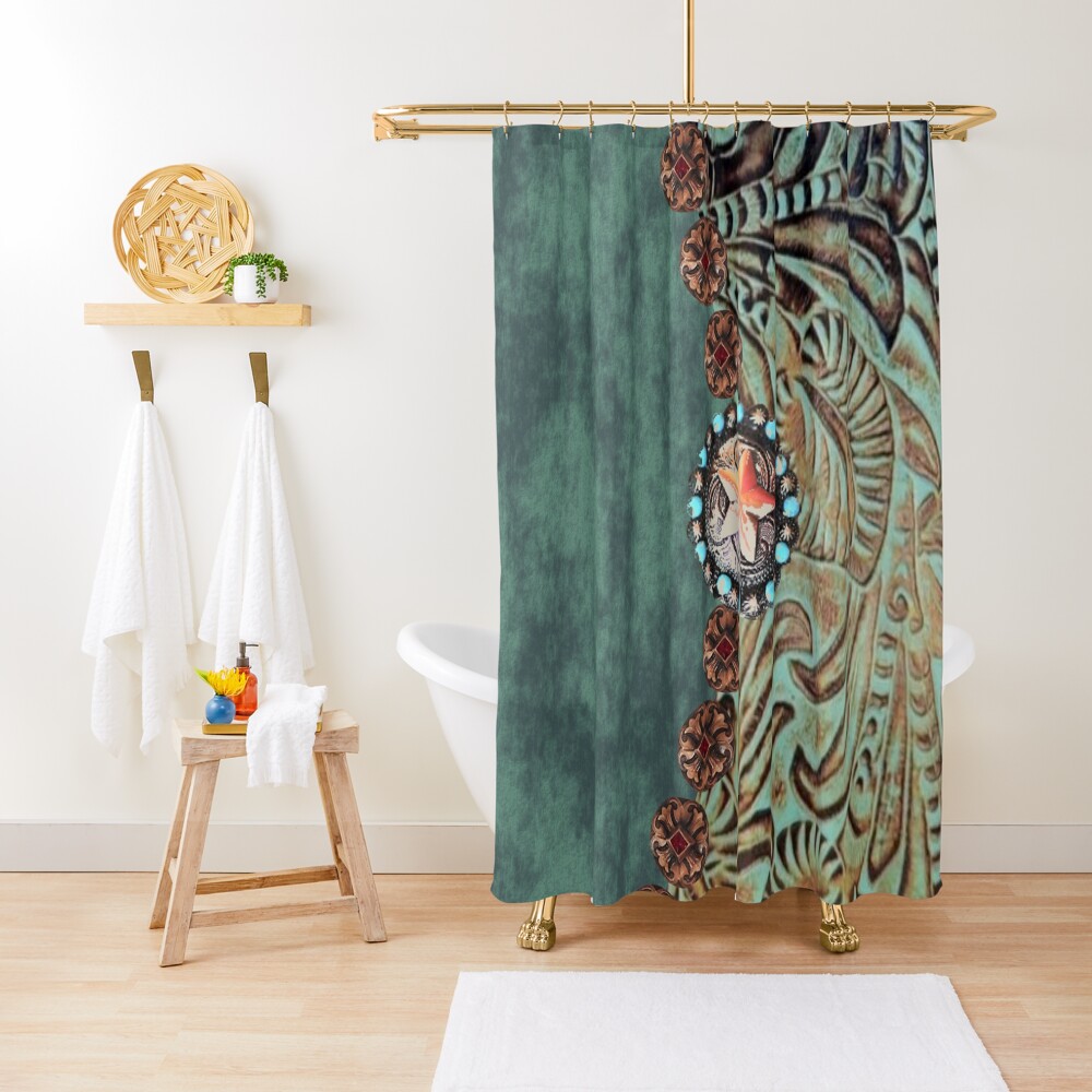 Rustic cowboy cowgirl western country green teal leather Shower Curtain
