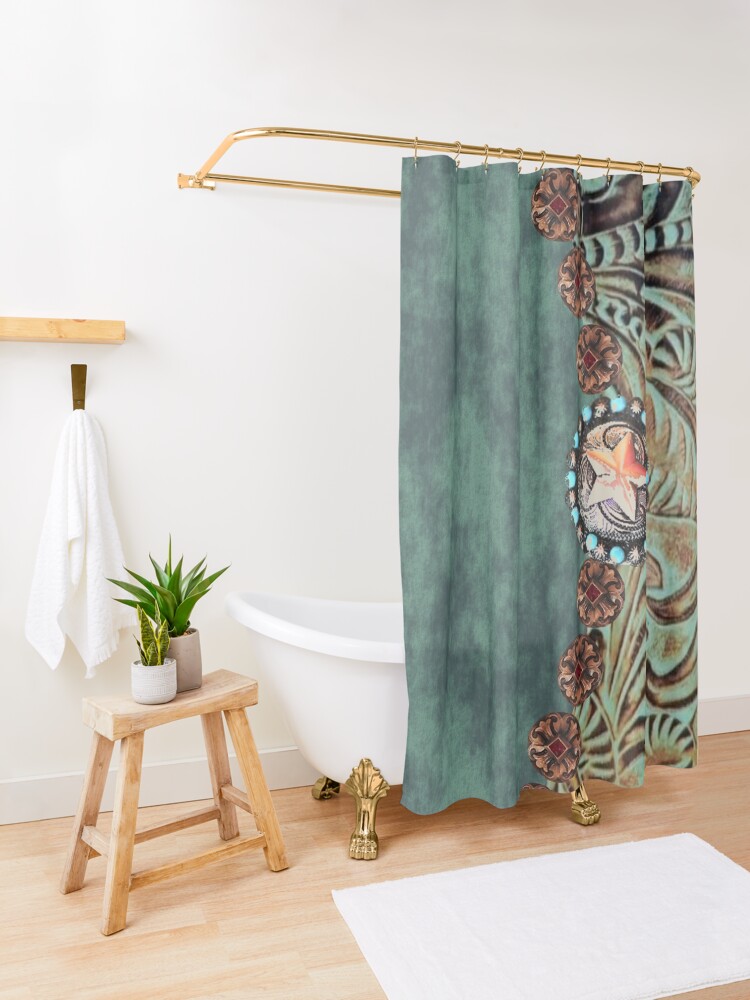 Alternate view of Rustic cowboy cowgirl western country green teal leather Shower Curtain