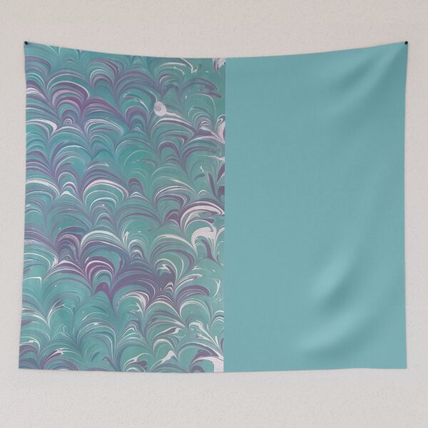 Item preview, blue and purple peacock marbled block on pale dusty blue designed and sold by marblingqueen.
