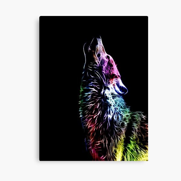 wolf, white, neon, fractal, psychedelic, art, animal, wild, black Canvas Print