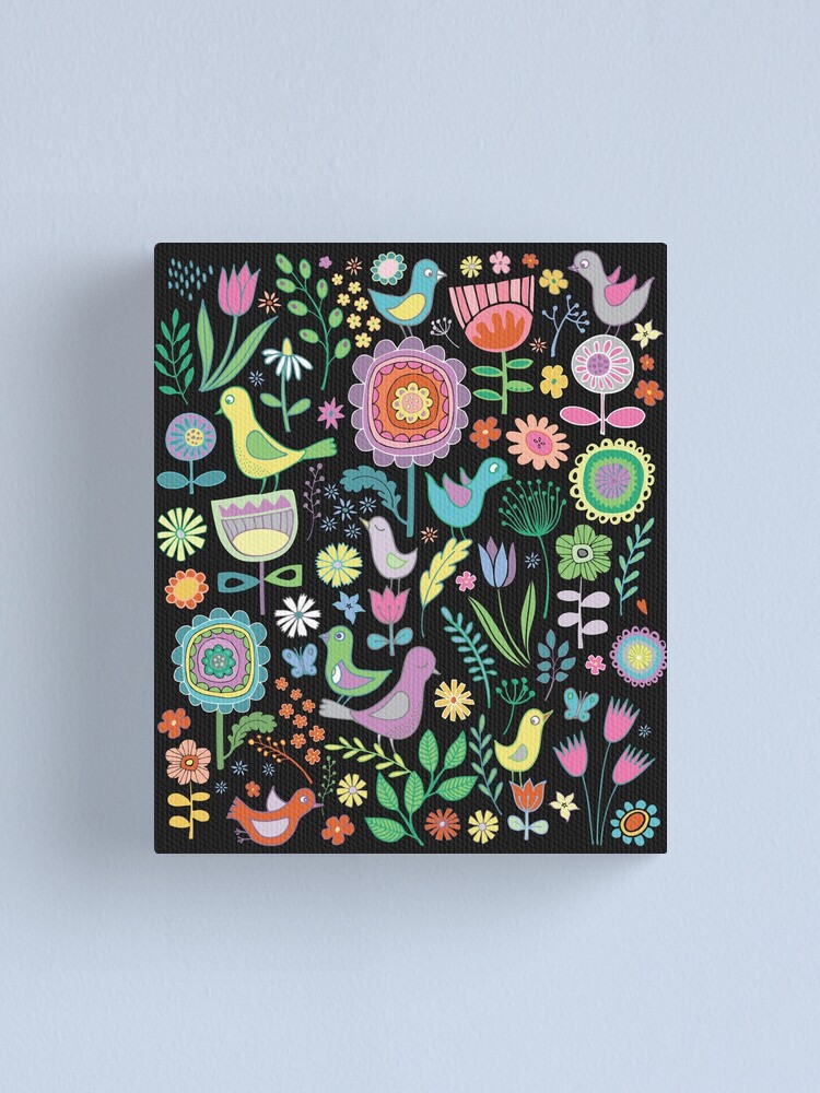 Alternate view of Birds and blooms - pastels on black - pretty floral bird pattern by Cecca Designs Canvas Print