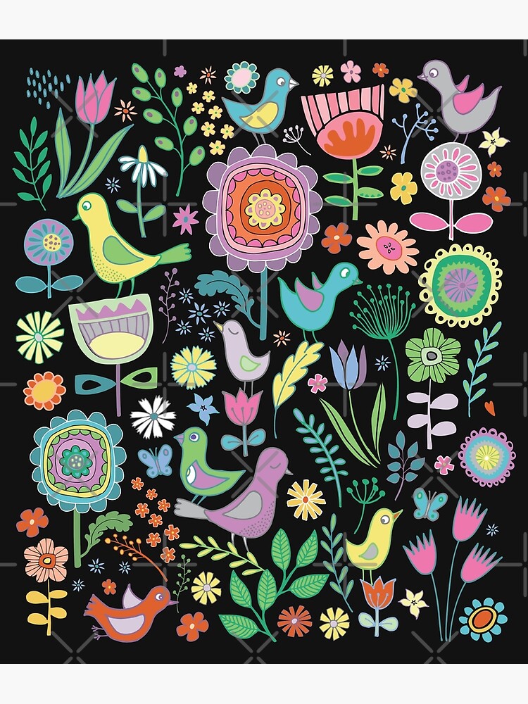 Birds and blooms - pastels on black - pretty floral bird pattern by Cecca Designs by Cecca-Designs
