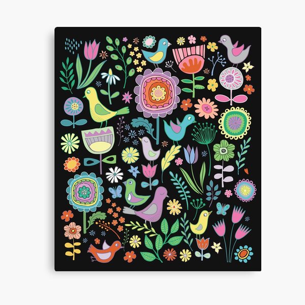 Birds and blooms - pastels on black - pretty floral bird pattern by Cecca Designs Canvas Print