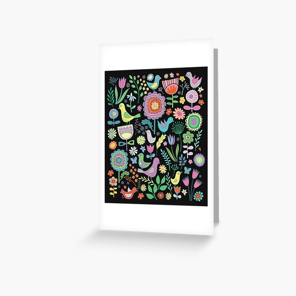 Birds and blooms - pastels on black - pretty floral bird pattern by Cecca Designs Greeting Card
