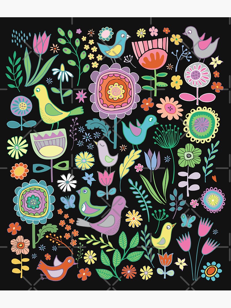 Birds and blooms - pastels on black - pretty floral bird pattern by Cecca Designs by Cecca-Designs
