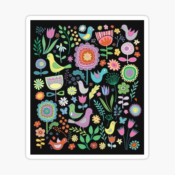 Birds and blooms - pastels on black - pretty floral bird pattern by Cecca Designs Sticker