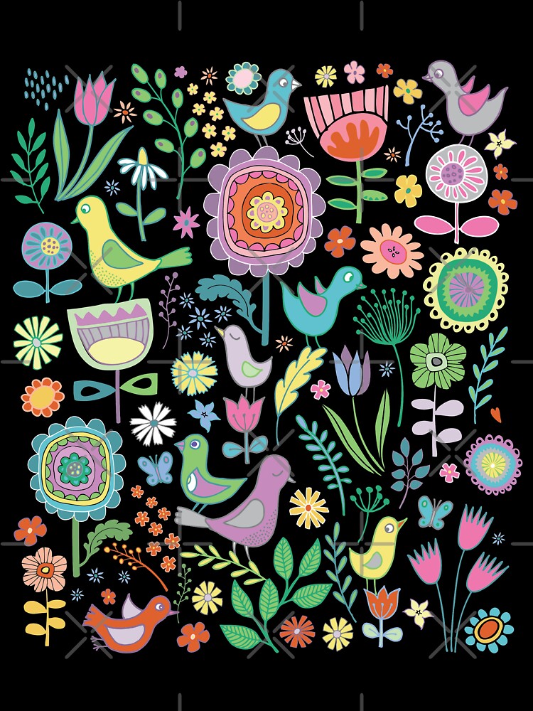 Thumbnail 2 of 2, Baby One-Piece, Birds and blooms - pastels on black - pretty floral bird pattern by Cecca Designs designed and sold by Cecca-Designs.