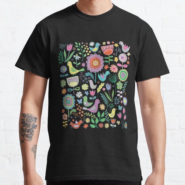 Birds and blooms - pastels on black - pretty floral bird pattern by Cecca Designs Classic T-Shirt