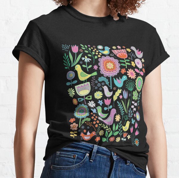 Birds and blooms - pastels on black - pretty floral bird pattern by Cecca Designs Classic T-Shirt