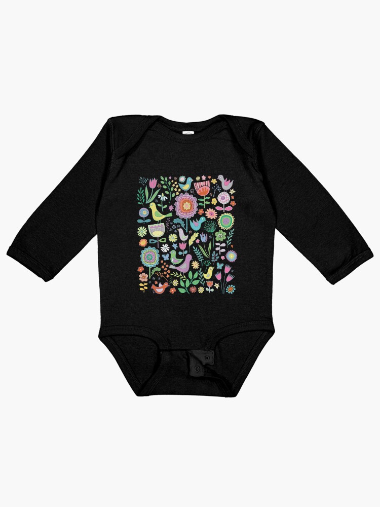 Thumbnail 1 of 2, Baby One-Piece, Birds and blooms - pastels on black - pretty floral bird pattern by Cecca Designs designed and sold by Cecca-Designs.