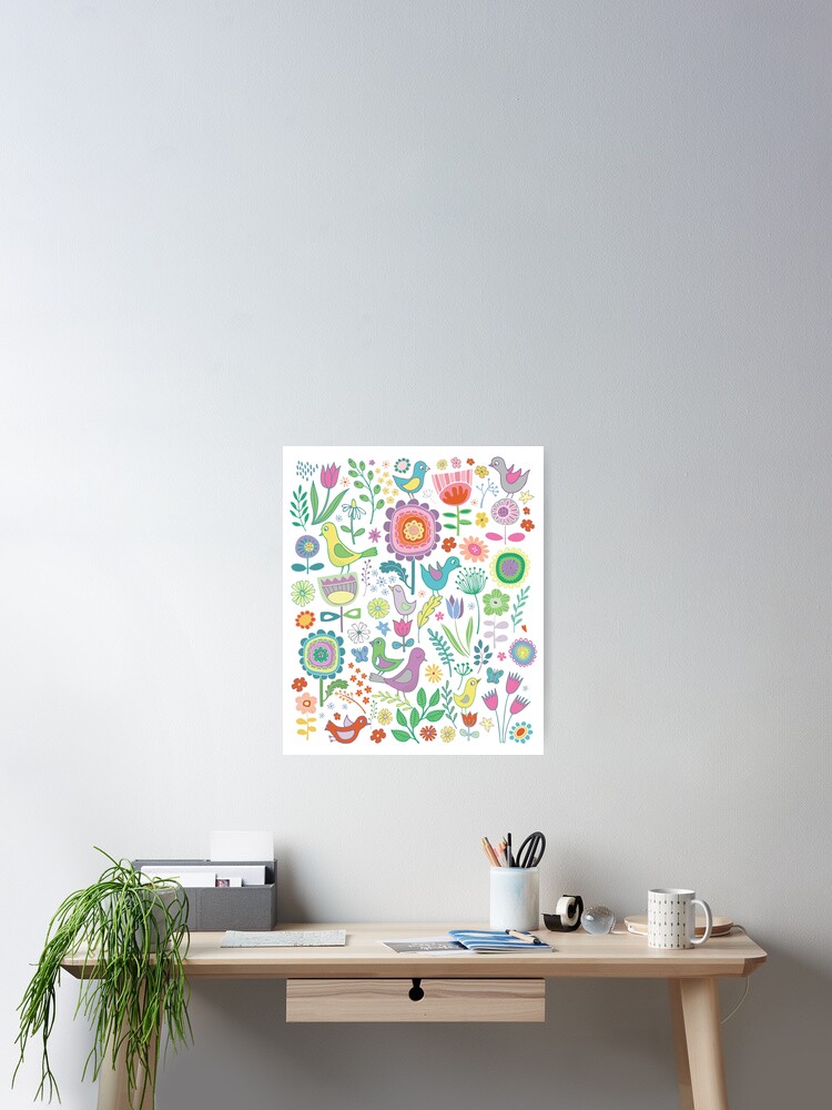 Thumbnail 2 of 3, Poster, Birds and Blooms - on white - pretty floral bird pattern by Cecca Designs designed and sold by Cecca-Designs.