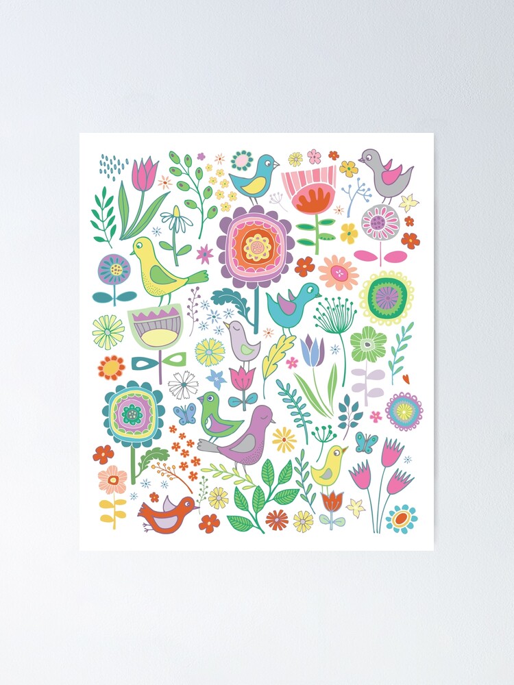 Thumbnail 1 of 3, Poster, Birds and Blooms - on white - pretty floral bird pattern by Cecca Designs designed and sold by Cecca-Designs.