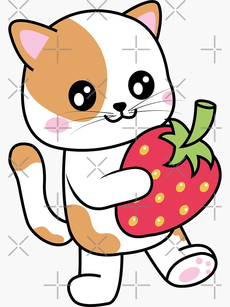 "Cute Cat With Strawberry Kawaii Kitty Foodie" Sticker for Sale by