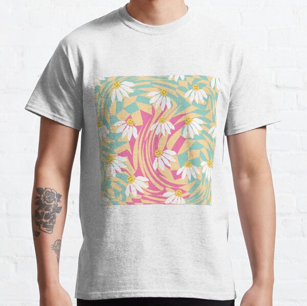 Retro Smile Chamomile Seamless Pattern on 1970 Wavy Swirl Seamless Pattern. Hippie Aesthetic. Floral wallpaper Classic T-Shirt