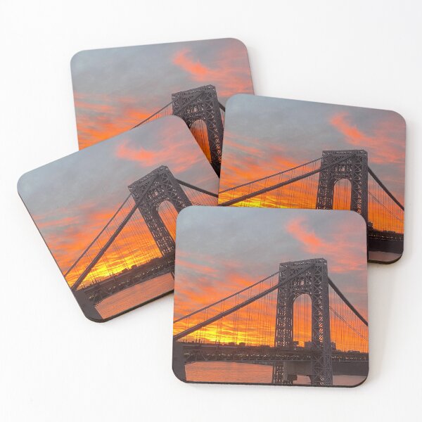 Item preview, George Washington Bridge in silhouette against orange and yellow sunset designed and sold by HarrietRGoren.