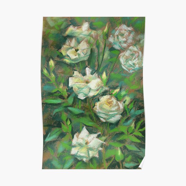 White Roses, Green Leaves, Floral Pattern Poster