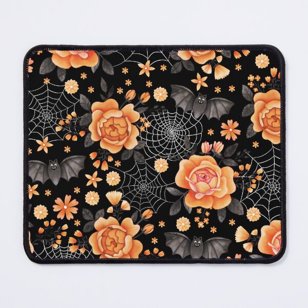 Item preview, Bats, Spiderwebs and Orange Peony Roses on Black - Pastel Halloween designed and sold by KConfetti.