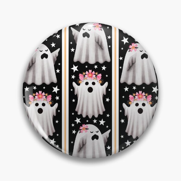 Aperçu de l'œuvre Fantômes en couronnes de fleurs et rayures sur fond noir - Pastel Halloween créée et vendue par KConfetti.