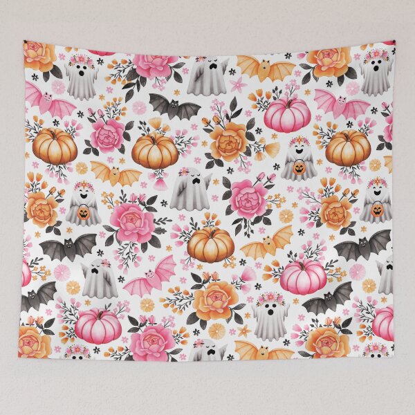 Item preview, Halloween Florals with Pumpkins, Bats and Ghosts on White - Pastel Halloween designed and sold by KConfetti.