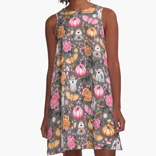 Item preview, Halloween Florals with Pumpkins, Bats and Ghosts on Grey - Pastel Halloween designed and sold by KConfetti.