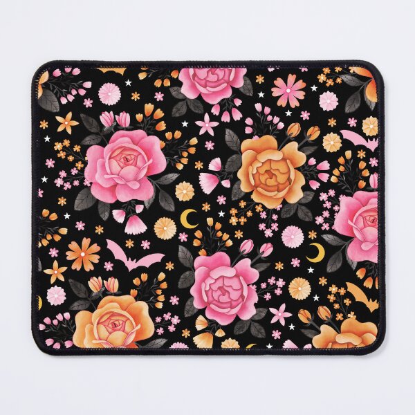 Item preview, Halloween Florals in Pink and Orange with Bats on Black - Pastel Halloween designed and sold by KConfetti.
