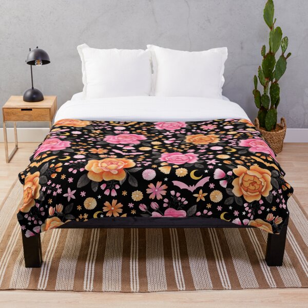 Item preview, Halloween Florals in Pink and Orange with Bats on Black - Pastel Halloween designed and sold by KConfetti.