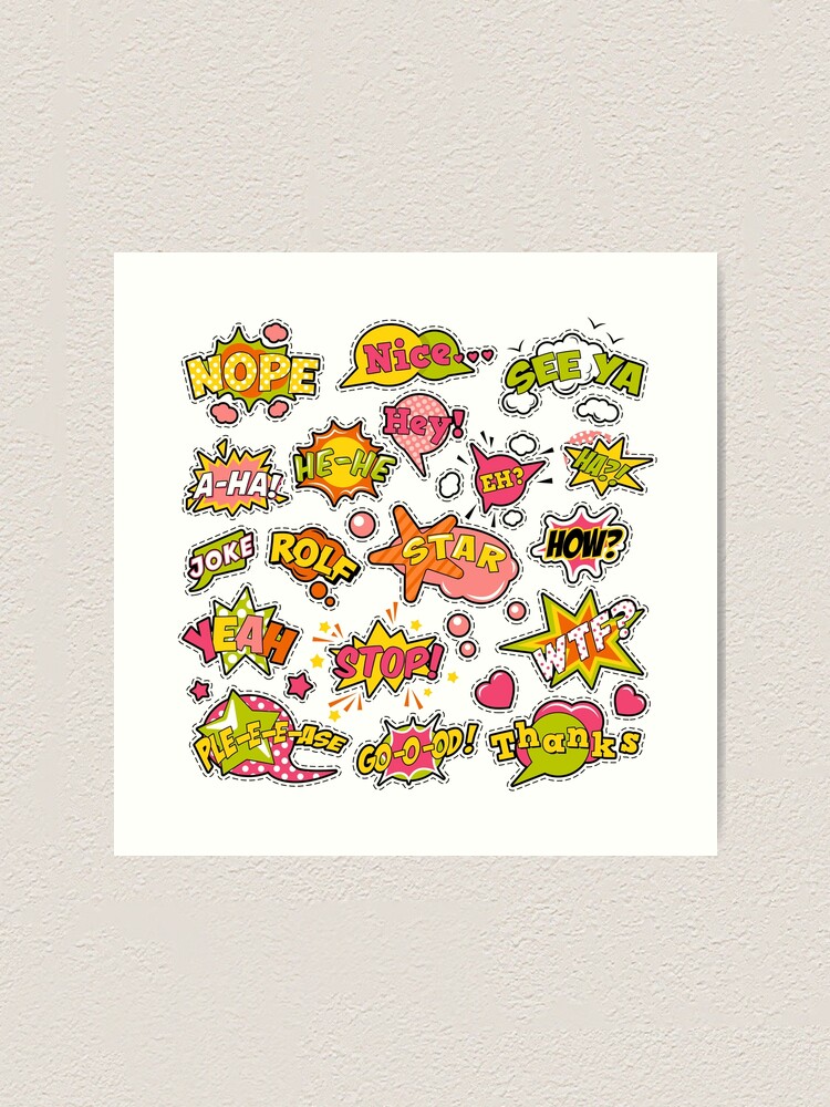 Fashion Badges, Patches, Stickers in Pop Art Comic Speech Bubbles