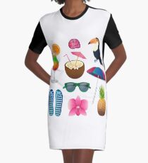 Tropical Elements Set: Cocktails, Flowers, Sunglasses, Bird, Pineapple Graphic T-Shirt Dress