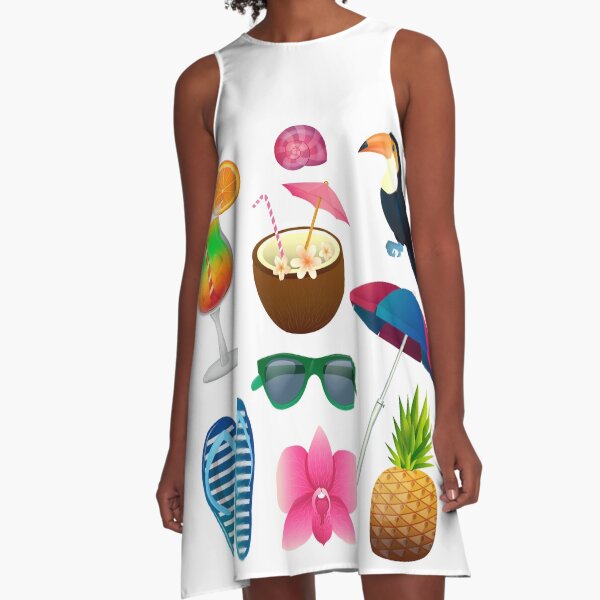 Tropical Elements Set: Cocktails, Flowers, Sunglasses, Bird, Pineapple A-Line Dress