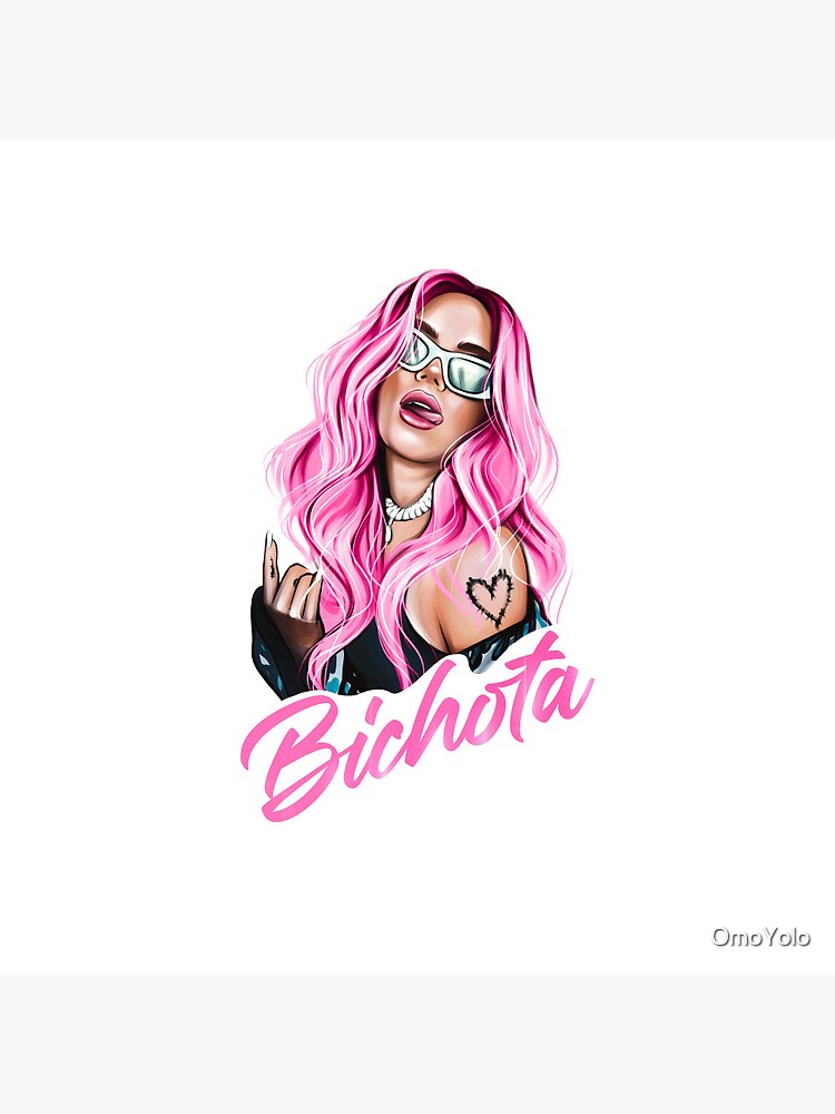 Discover Karol G with Pink Hair Illustration with Bichota Word Pin