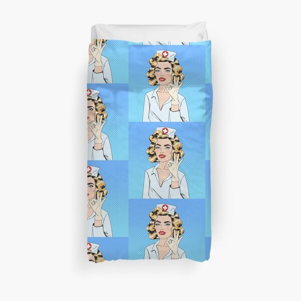 Pretty Nurse in Pop Art Style Gesturing Okay Duvet Cover