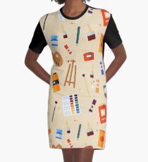 Tools and Materials for Creativity and Painting Seamless Pattern Graphic T-Shirt Dress